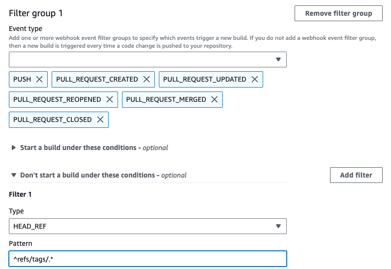 Eine Webhook-Filtergruppe, die einen Build für alle Anfragen außer Tag-Ereignissen auslöst.