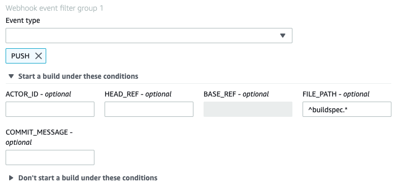 Eine Webhook-Filtergruppe, die nur dann einen Build auslöst, wenn Dateien mit Namen angegeben sind, die dem regulären Ausdruck entsprechen.