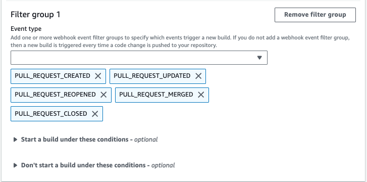 Eine Webhook-Filtergruppe, die einen Build nur für Pull-Requests auslöst.