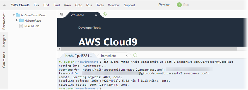 Klonen eines Repositorys in AWS Cloud9.
