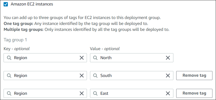 Die CodeDeploy Konsole zeigt eine Tag-Gruppe mit drei Tags.