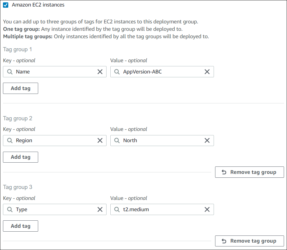 Die CodeDeploy Konsole zeigt drei Tag-Gruppen mit jeweils einem Tag.