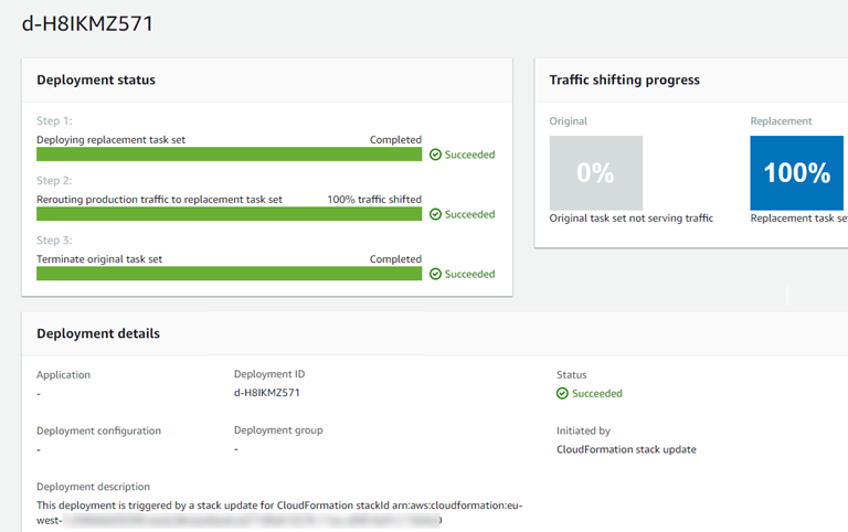 Screenshot der Konsole mit den Bereitstellungsdetails mit abgeschlossenem Bereitstellungsstatus.