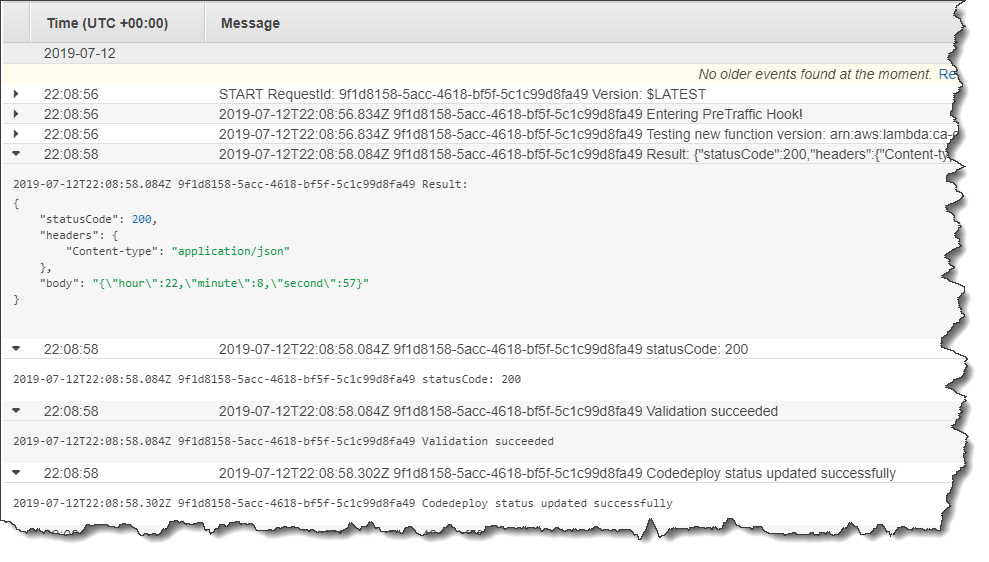 Der Protokollstream einer CodeDeployHook Protokollgruppe.