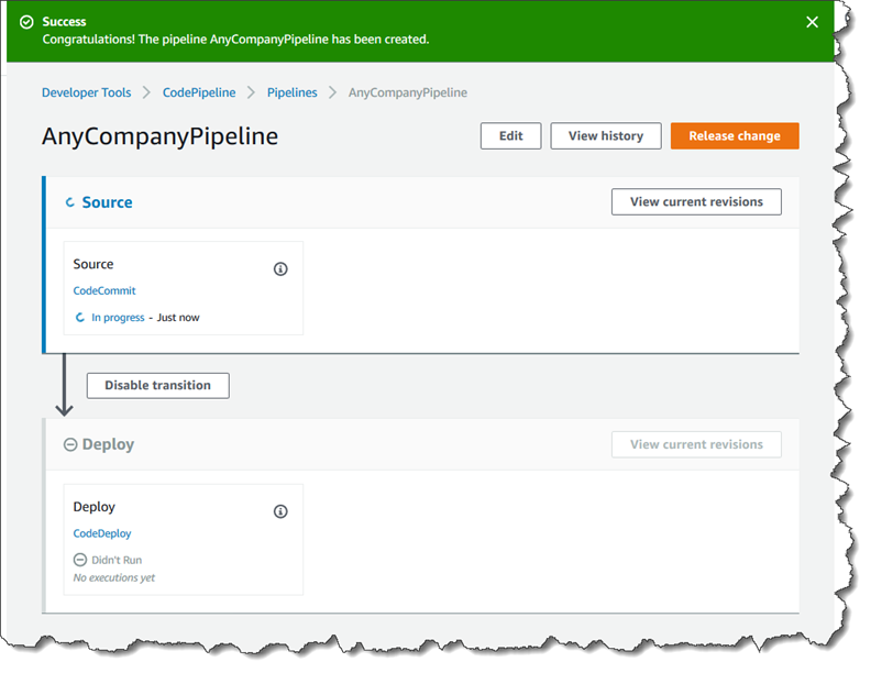 Eine Ansicht einer Pipeline, die in der CodePipeline Konsole zu laufen beginnt.