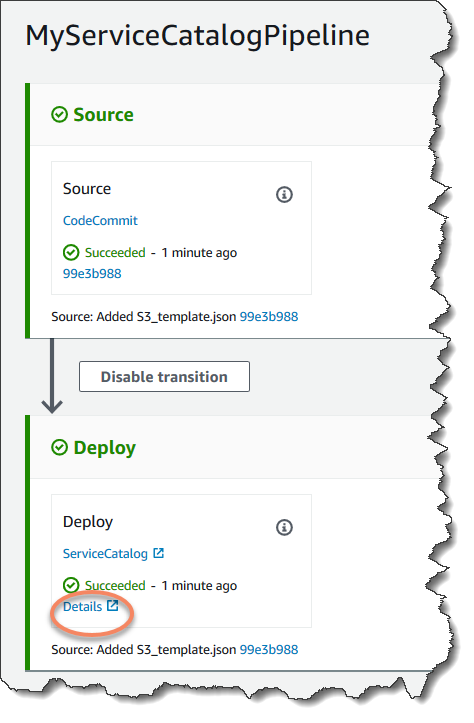 Sehen Sie sich die Bereitstellungsphase des Service Catalog Ihrer Pipeline an