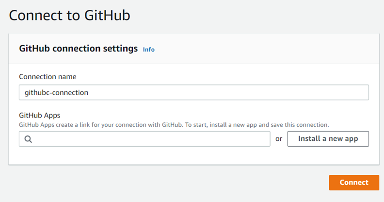 Screenshot der Konsole, der die erste GitHub Verbindungsseite mit dem Feld GitHub Apps zeigt.