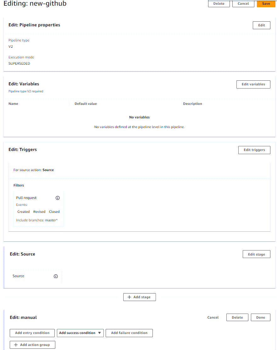 Ein Beispiel für den Pipeline-Bearbeitungsmodus in der CodePipeline Konsole.