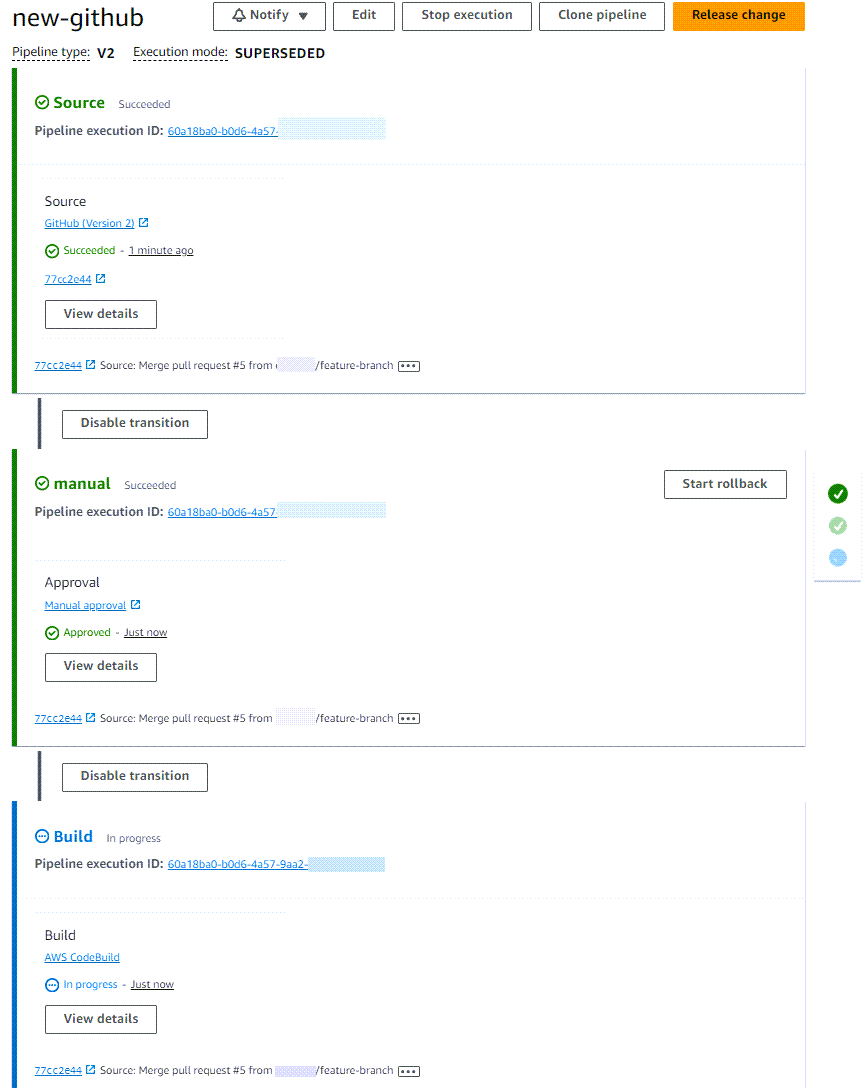 Ein Beispiel für die Pipeline-Ansicht in der CodePipeline Konsole.