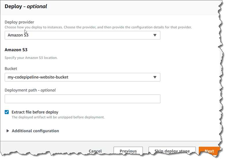 Die Seite „Schritt 4: Bereitstellen“ für eine S3-Bereitstellungsaktion mit einer AWS CodeCommit Quelle