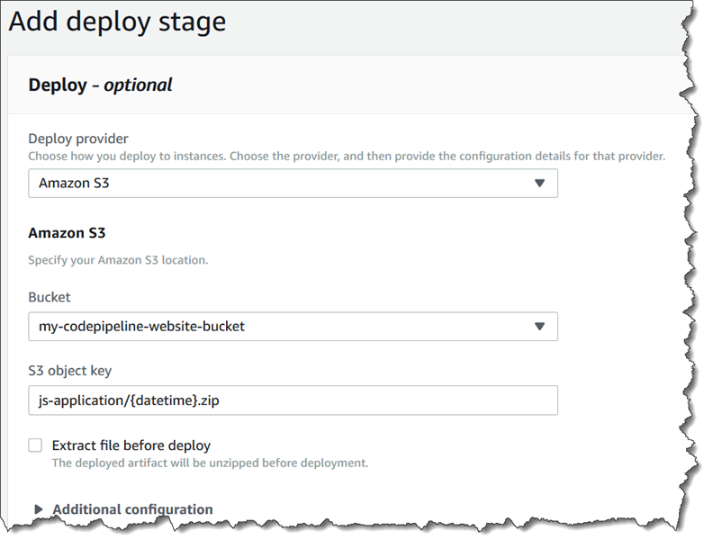 Schritt 4: Bereitstellungsseite für eine Amazon S3 S3-Bereitstellungsaktion mit einer Amazon S3 S3-Quelle