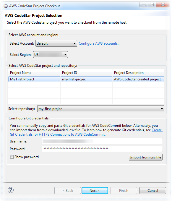 Ein AWS CodeStar Projekt in Eclipse auswählen