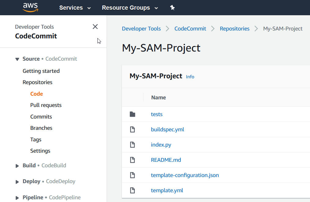 Die Quellcodedateien des Projekts in CodeCommit