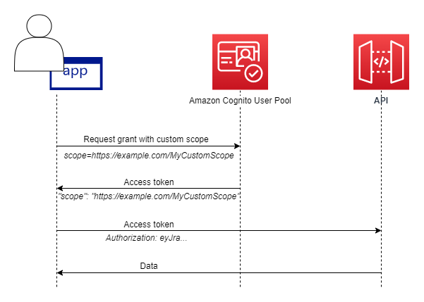 Ein Überblick über den Ablauf eines Ressourcenservers. Der Client fordert eine Erteilung mit einem benutzerdefinierten Bereich an, der Benutzerpool gibt ein Zugriffstoken mit dem benutzerdefinierten Bereich zurück und der Client präsentiert das Zugriffstoken einer API.