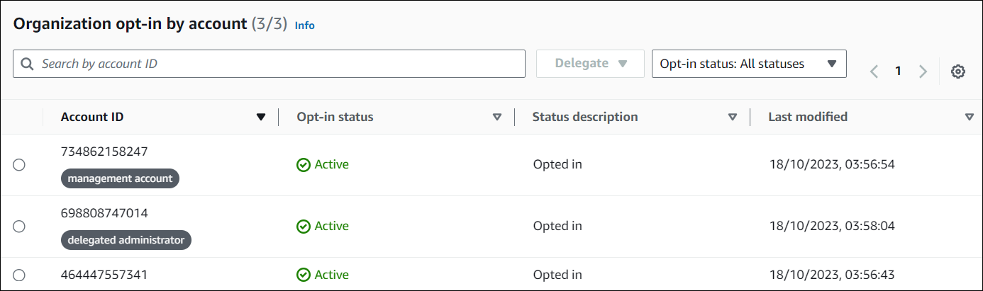 Seite „Konten“ in der Compute Optimizer Optimizer-Konsole