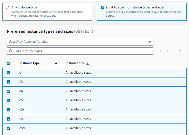 Wählen Sie die bevorzugten Instances aus, um die richtige Größe der Empfehlungseinstellungen festzulegen