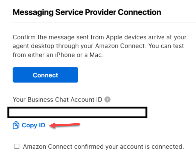 Die Seite mit der Verbindung zum Messaging-Serviceanbieter, der Link „Copy ID“