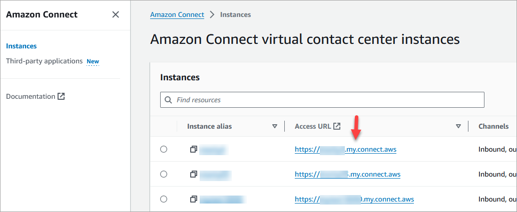 Der Zugriff URL auf der Amazon Connect Connect-Konsole.