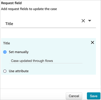 Der Block „Support-Fall aktualisieren“, bei dem das Feld „Anfrage“ auf „Titel“, und die Option „Manuell festlegen“ auf „Support-Fall über Flows aktualisiert“ gesetzt sind.
