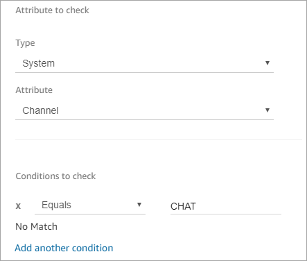 Der Abschnitt „Zu prüfendes Attribut“ ist jetzt auf „Kanal“ gesetzt und der Abschnitt „Zu prüfende Bedingungen“ auf „Chat“.