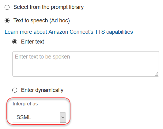 Abbildung der Einstellungen für einen Flow-Block, in dem das Text-to-Speech-Feld Interpretieren als auf „SSML“gesetzt wurde.