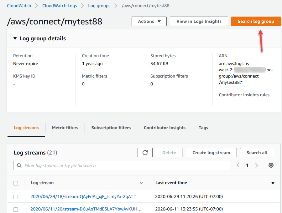 Die Schaltfläche „Protokollgruppe suchen“ auf der the /aws/connect/mytest 88-Seite.