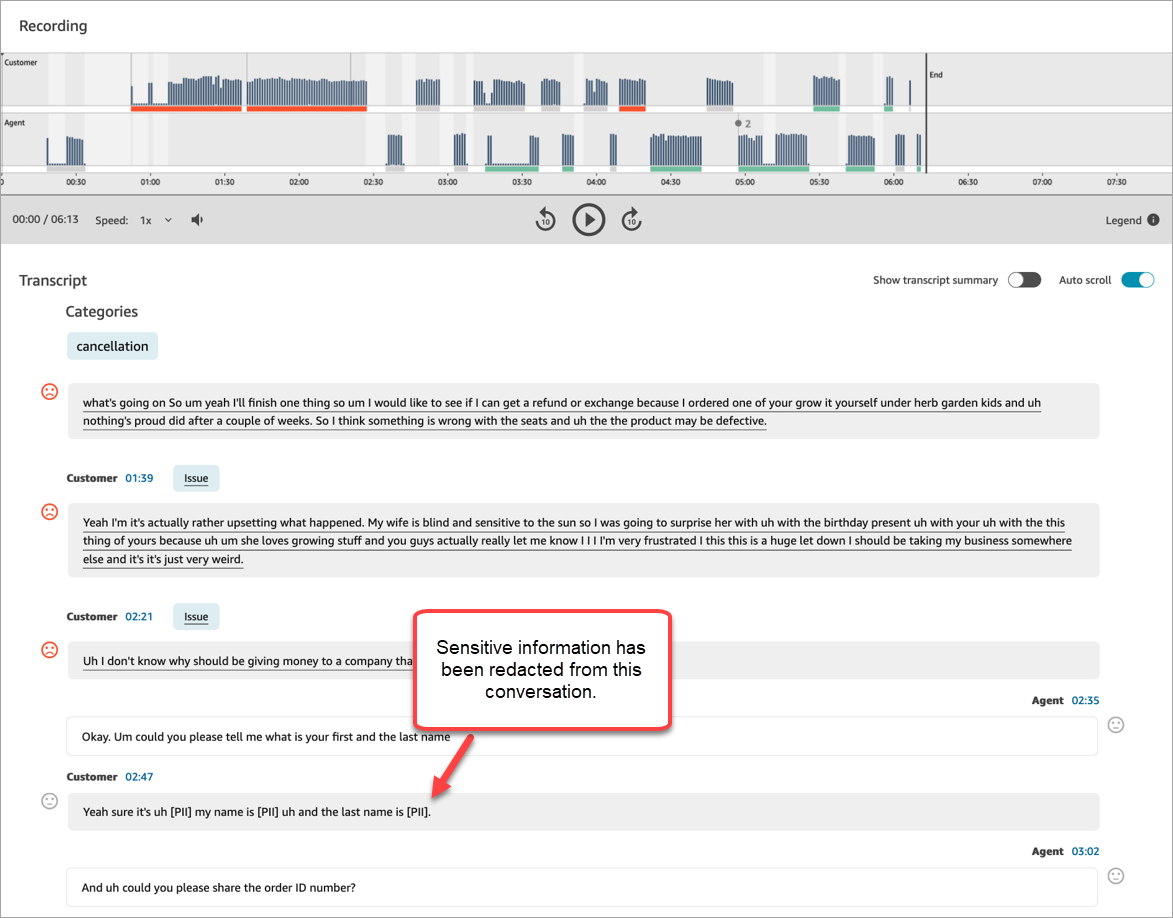 Die Audioanalyse und das Transkript für den Kontakt