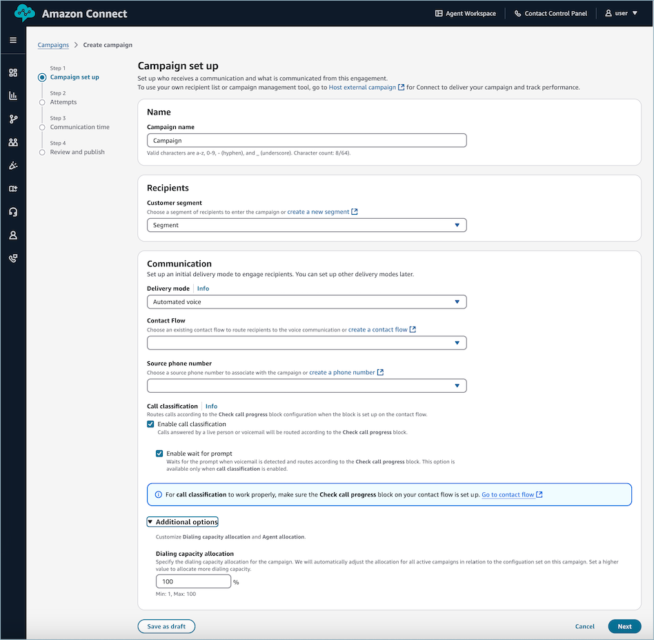 Campaign set up interface with fields for name, recipients, communication, and additional options.