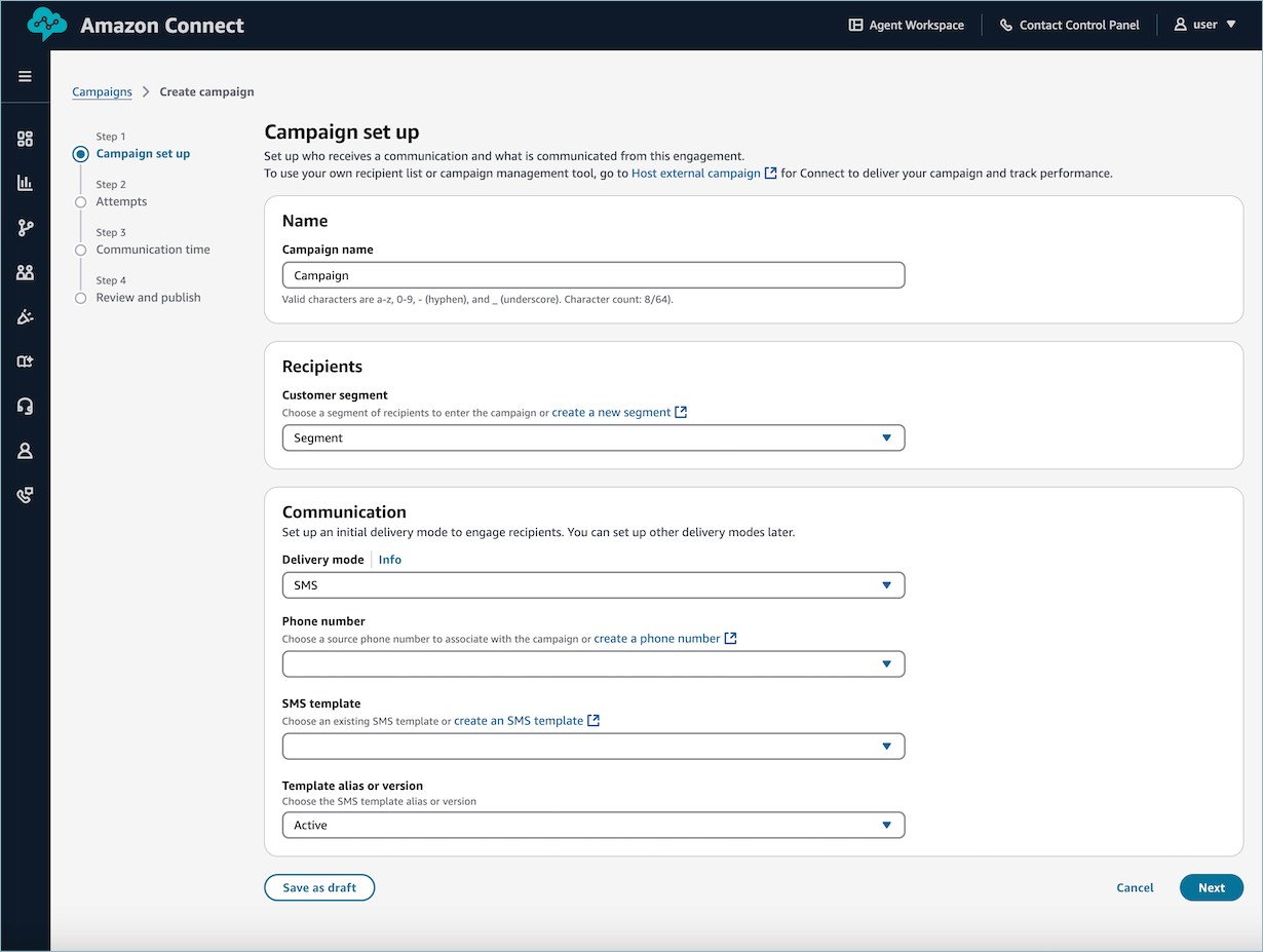 Campaign set up form with fields for name, recipients, and communication settings.