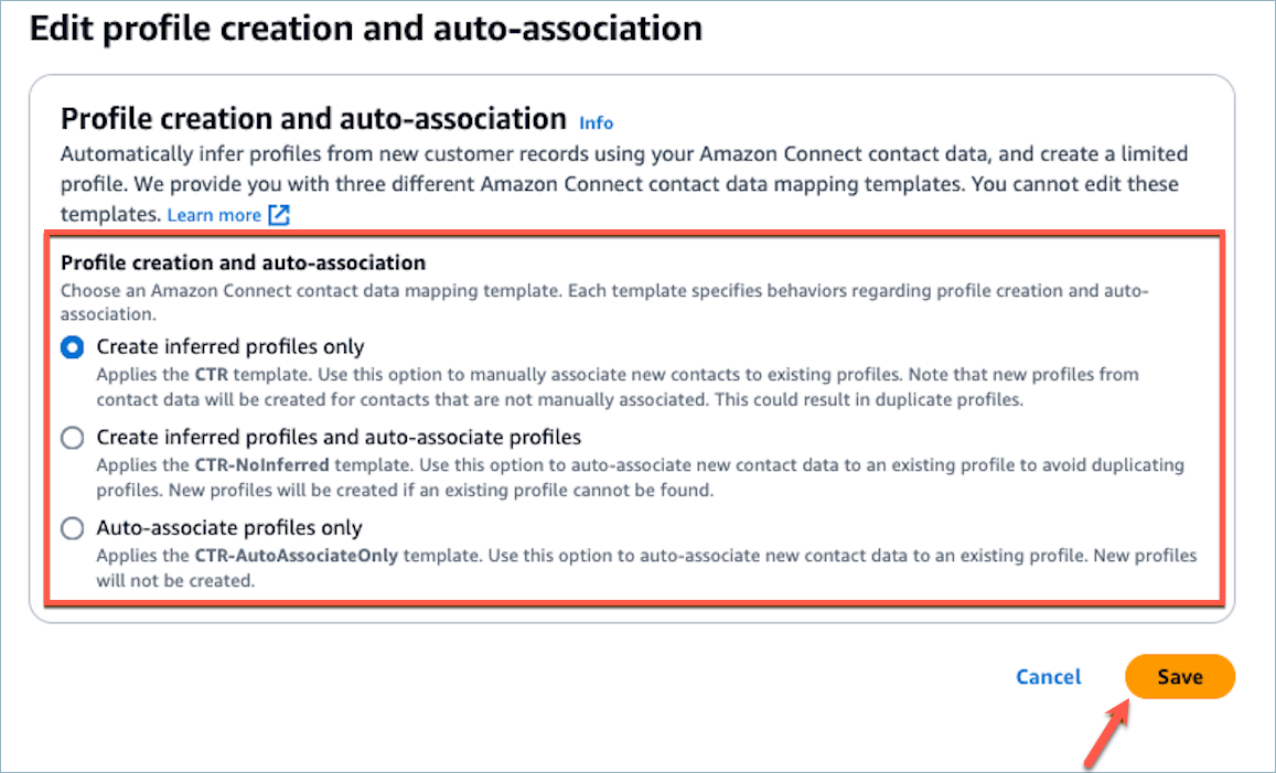 Wählen Sie das gewünschte Verhalten bei Contact Record aus, das Sie auf Ihre Domain anwenden möchten, und wählen Sie Speichern.