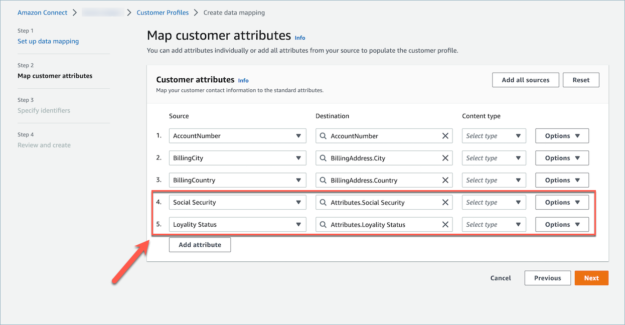 Customer attribute mapping interface showing source fields mapped to destination fields.