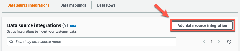 Die Registerkarte „Datenquellenintegrationen“, die Schaltfläche „Datenquellenintegration hinzufügen“.