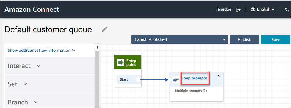 Der Block „Prompts in Schleife schalten“ im Flow-Designer.