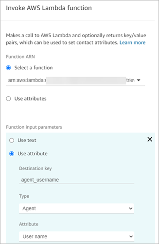 Die Eigenschaftenseite eines Invoke AWS Lambda-Funktionsblocks.