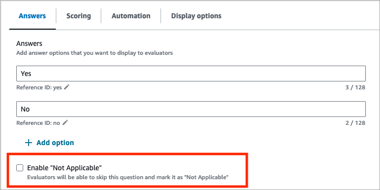 Die Registerkarte „Antworten“ mit der Option „Antwortoption ‚Nicht zutreffend‘ aktivieren“.