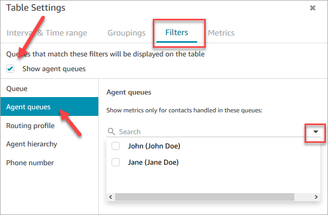 Seite mit Tabelleneinstellungen, Registerkarte Filter, Option Kundendienstmitarbeiterwarteschleifen anzeigen.