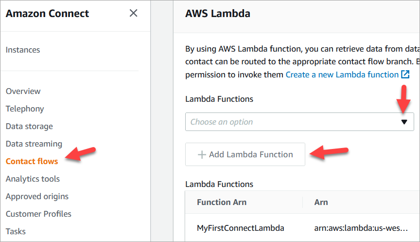 Die Flows-Seite, der AWS Lambda-Abschnitt.