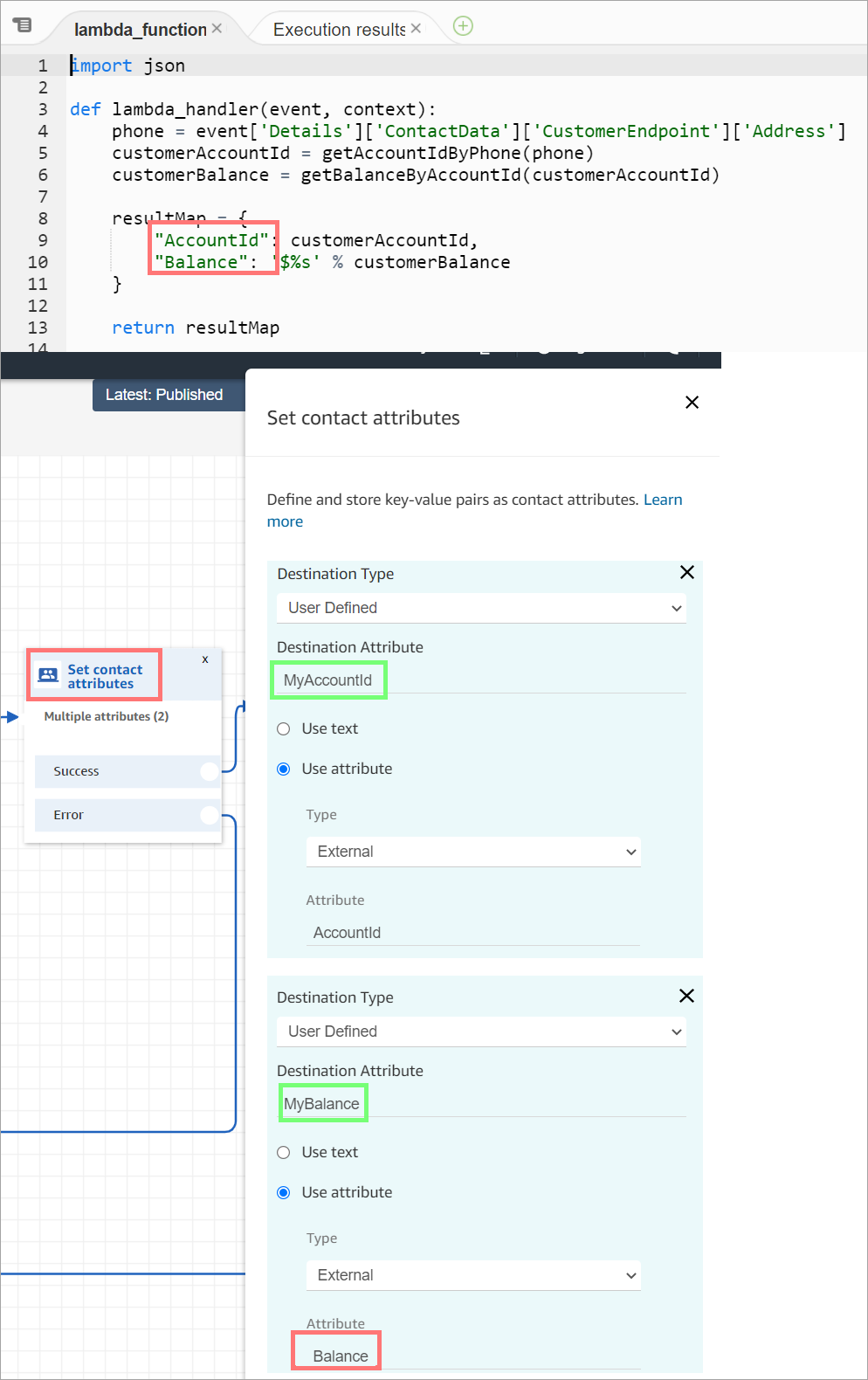 Die Seite „Eigenschaften“ des Blocks „Set contact attributes“ (Kontaktattribute festlegen).