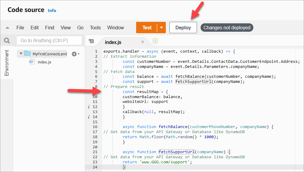 Der Abschnitt „Code source“, die Schaltfläche „deploy.