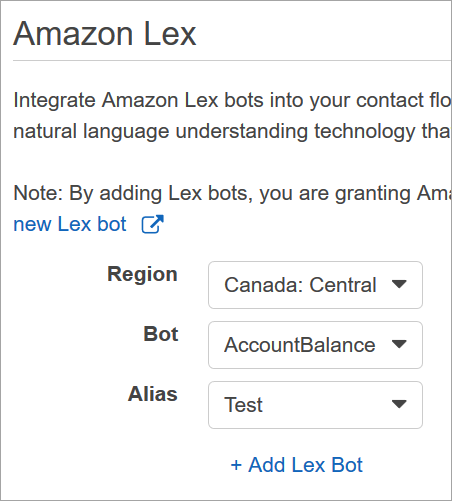 Der Abschnitt Amazon Lex auf der Flows-Seite.