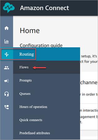 Das Navigationsmenü von Amazon Connect, „Weiterleitung“, „Flows“.