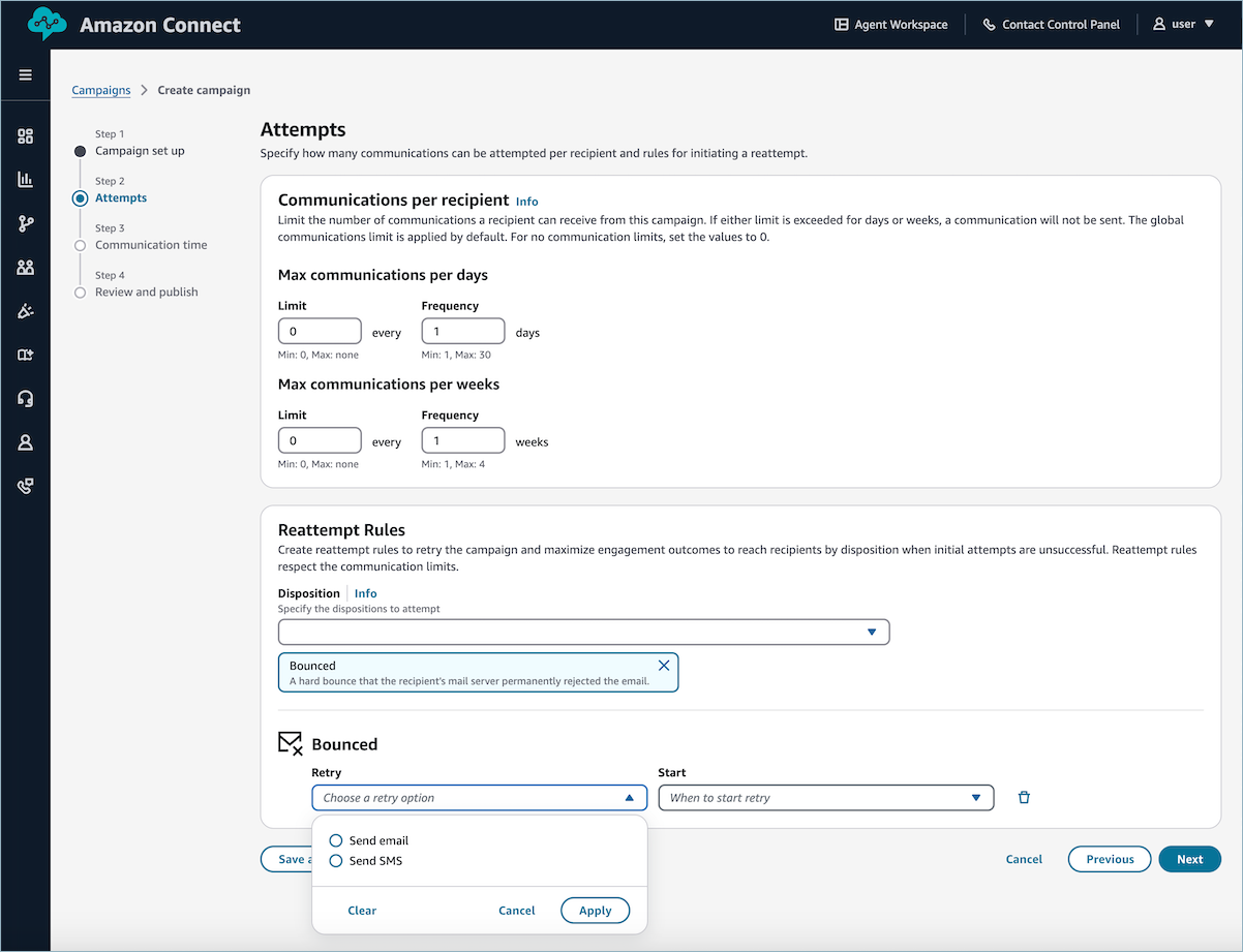 Amazon Connect campaign setup interface showing communication limits and reattempt rules.