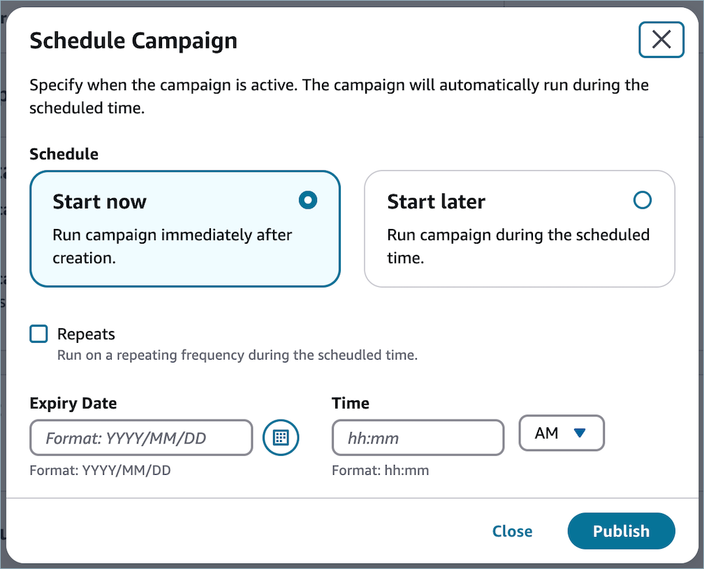 Schedule Campaign interface with options to start now or later, set expiry date and time.