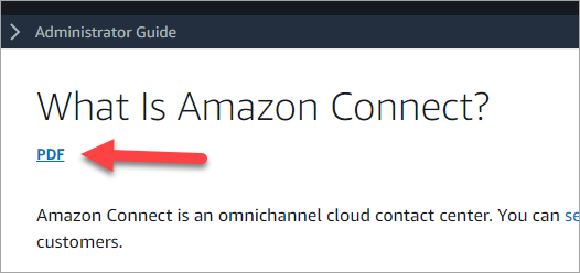 Eine Seite in der Amazon Connect Connect-Dokumentation, der PDF Link unter dem Titel der Seite.