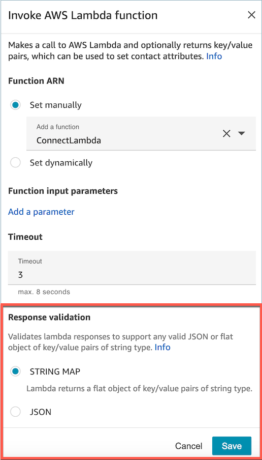 Der Flussblock der Funktion „ AWS Lambda aufrufen“, der die Verwendung von entweder string map oder json hervorhebt.