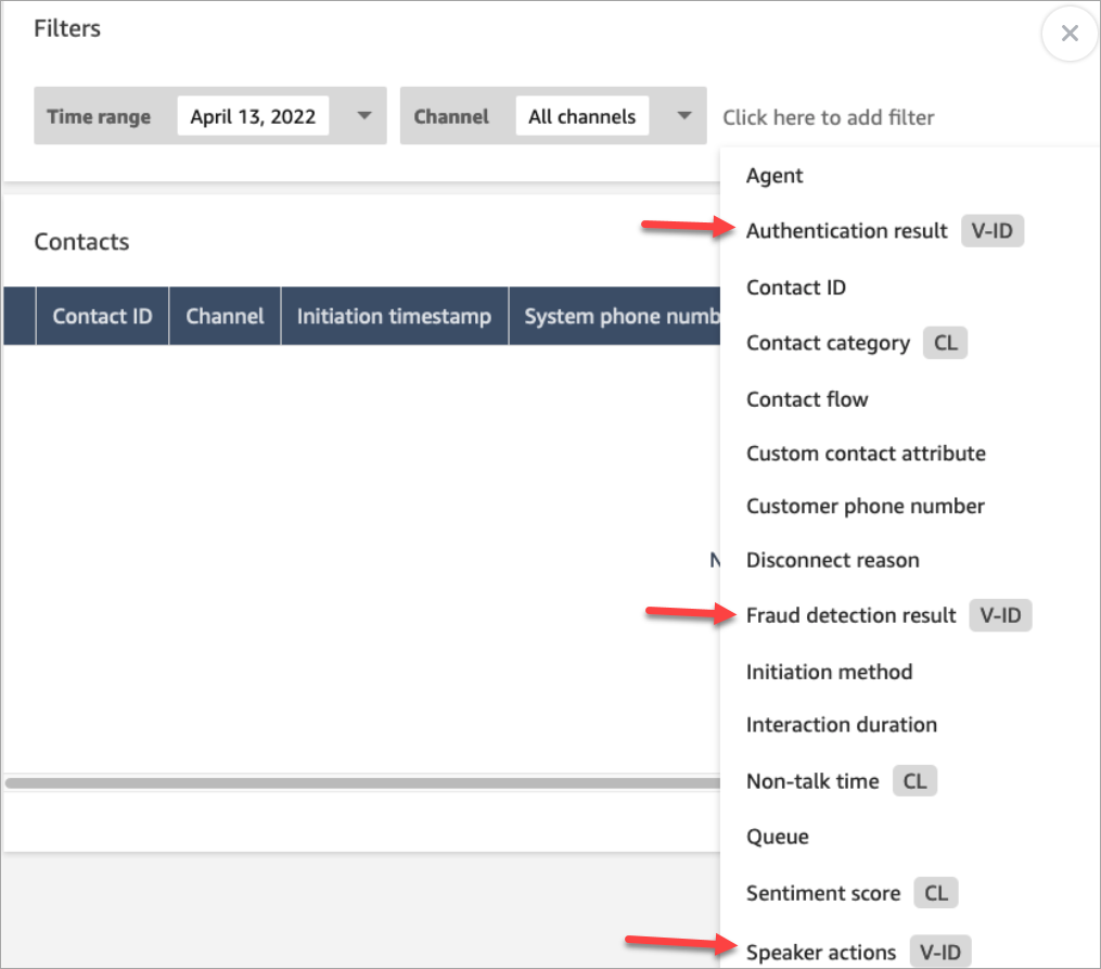 Das Dropdownmenü für Filter, Filter für die Sprach-ID