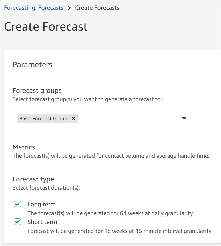 Die Seite Forecast erstellen, das Dropdownmenü Prognosegruppen.