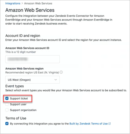 Die Seite „Amazon Web Services“, die Option „Support-Ticket“.