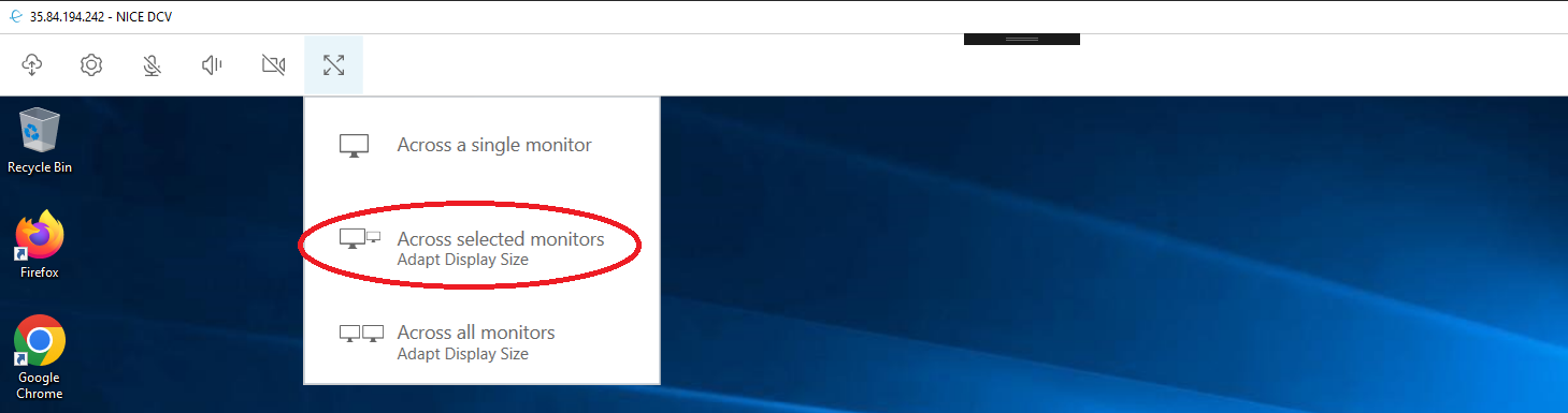 Display settings menu showing options for monitor configuration, with "Across selected monitors" highlighted.