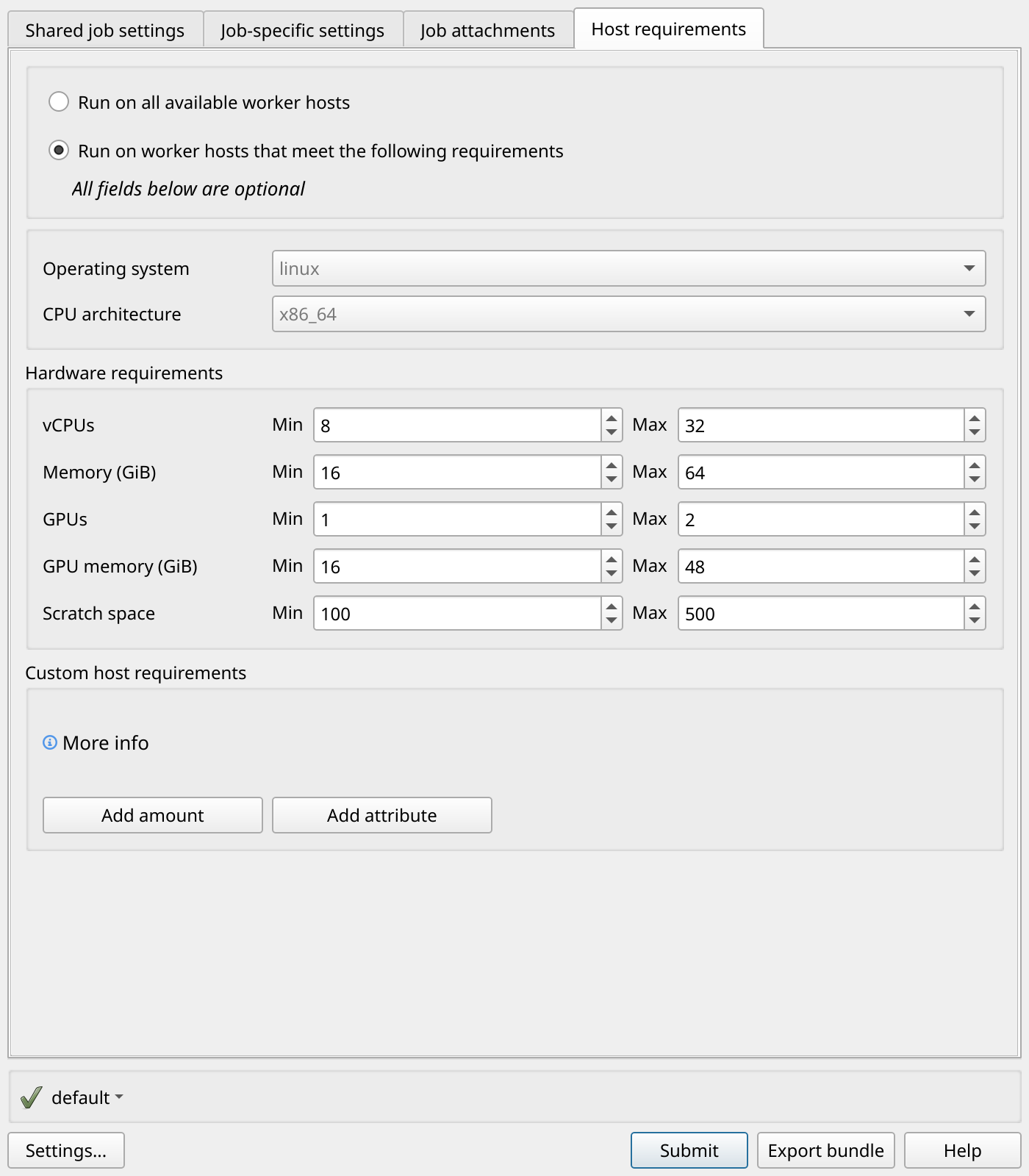 Auf der Registerkarte „Hostanforderungen“ sind benutzerdefinierte Anforderungen ausgewählt, die Betriebssystem, CPU-Architektur und Hardwarebereiche anzeigen.